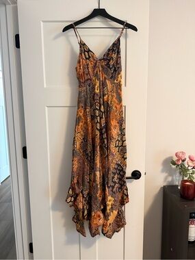 Angie Boho Paisley High-Low Slip Dress in Mustard and Brown